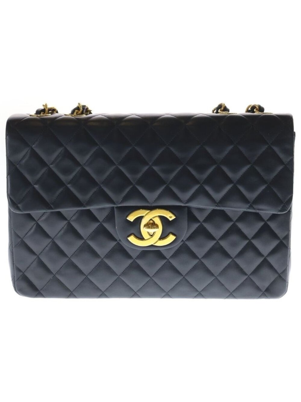 Chanel Maxi Quilted 34 Lambskin Leather S Flap Chain Shoulder Bag Gold Black